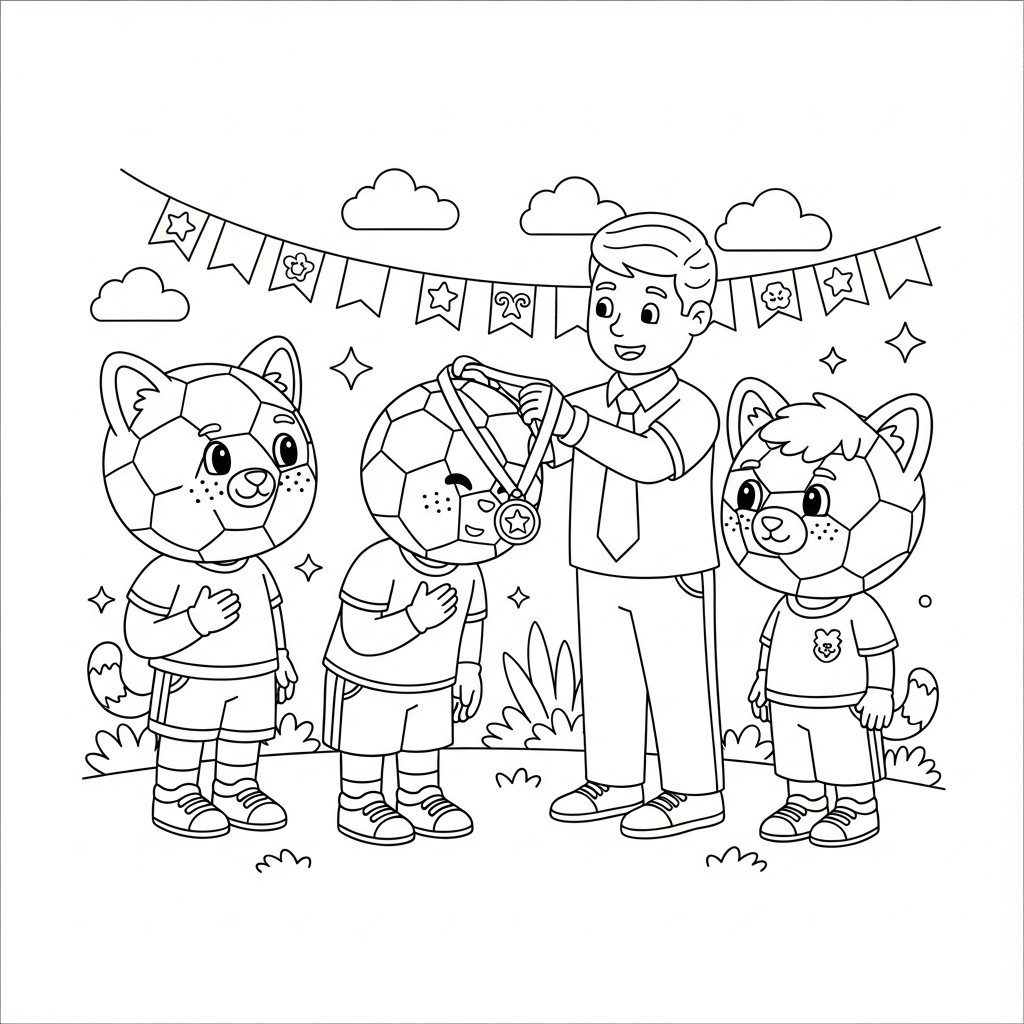 Desenho de bola de futebol para colorir recebendo medalha no pescoço com troféu decorativo.