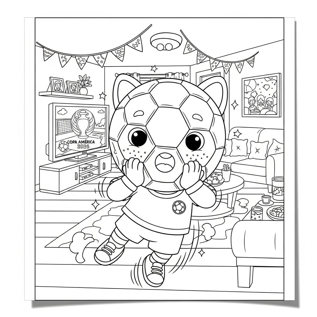 Desenho de bola de futebol para colorir surpreso, mãos no rosto, na sala com TV grande.