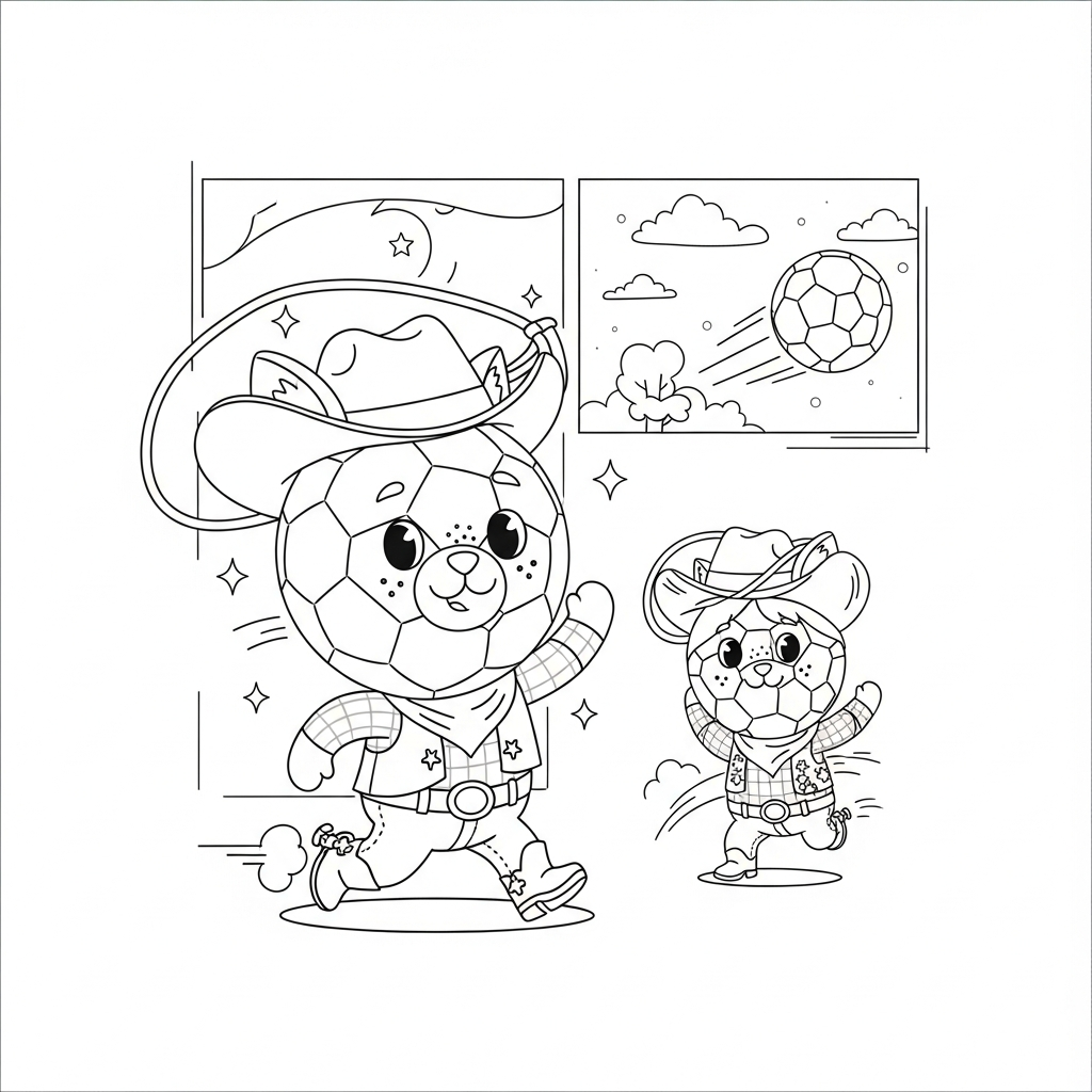 Desenho de bola de futebol para colorir vestido de cowboy na praça com telão gigante.