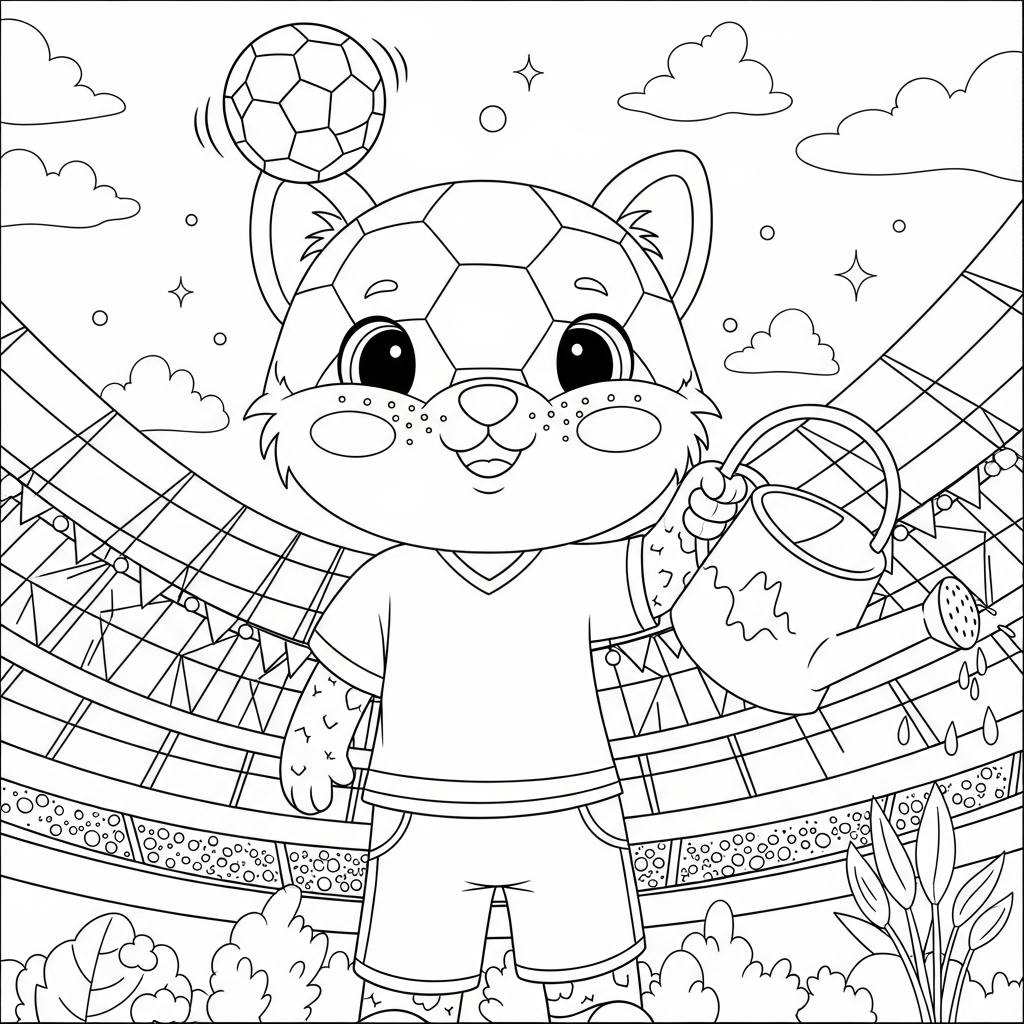Desenho de bola de futebol para colorir regando plantas em campo gramado vazio.
