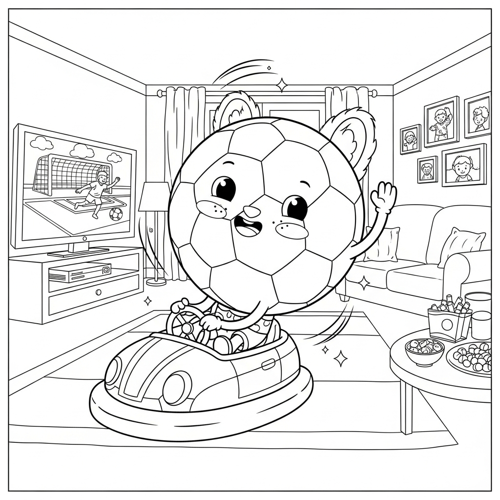 Desenho de bola de futebol para colorir dirigindo carrinho de bate-bate na sala com TV grande