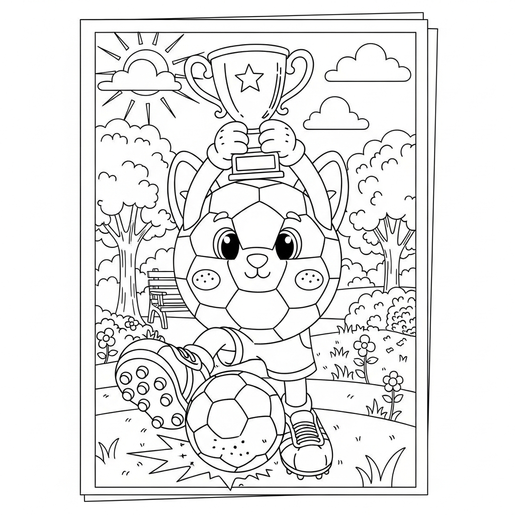 Desenho de bola de futebol para colorir segurando troféu acima da cabeça no parque ensolarado.