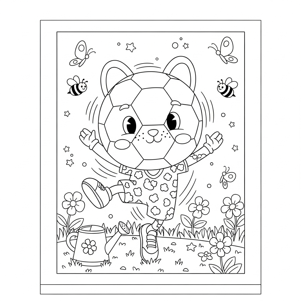 Desenho de bola de futebol para colorir dando uma piruetazinha no jardim com flores e abelhas.