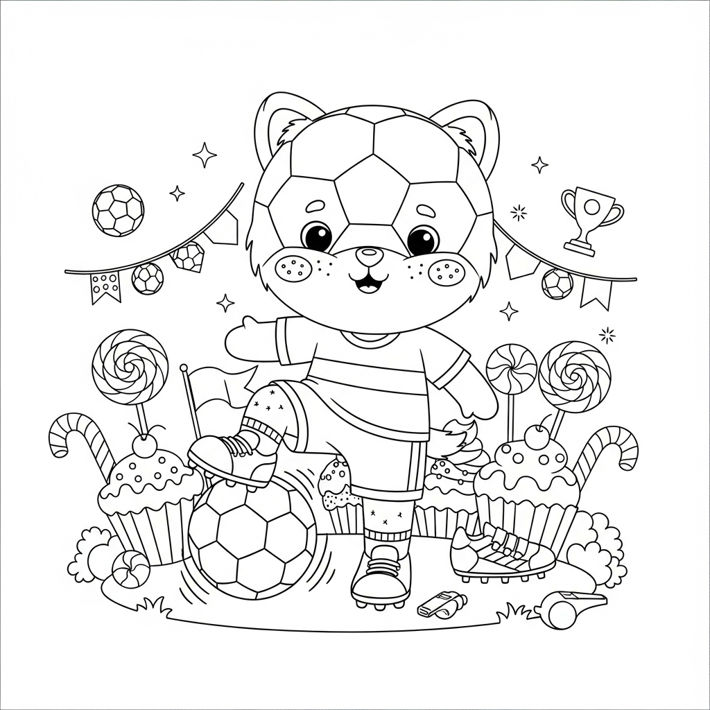 Desenho de bola de futebol para colorir pedalando sobre a bola na terra dos doces