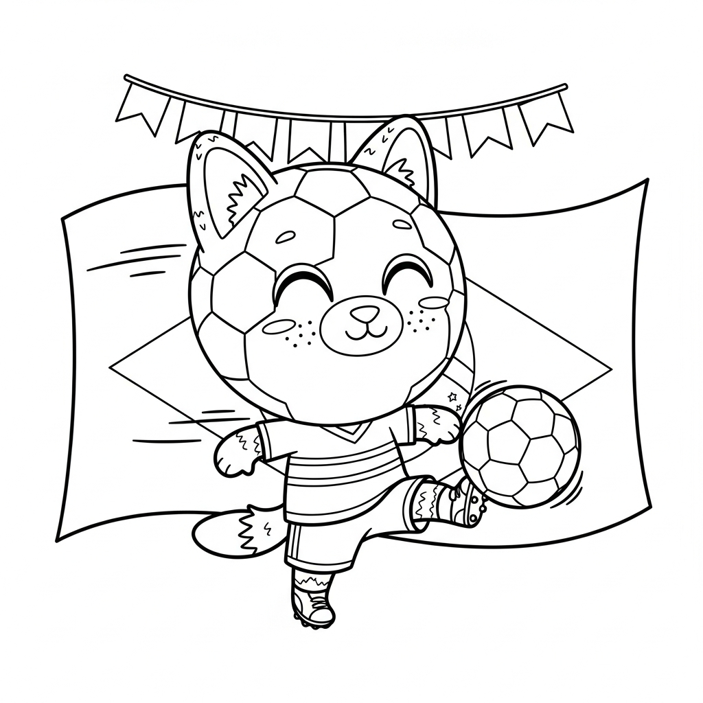 Desenho de bola de futebol para colorir batendo pênalti decisivo perto do banco coberto.