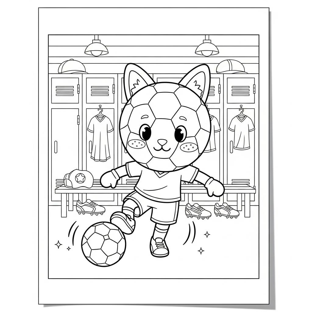 Desenho de bola de futebol para colorir antecipando o adversário no vestiário com armários