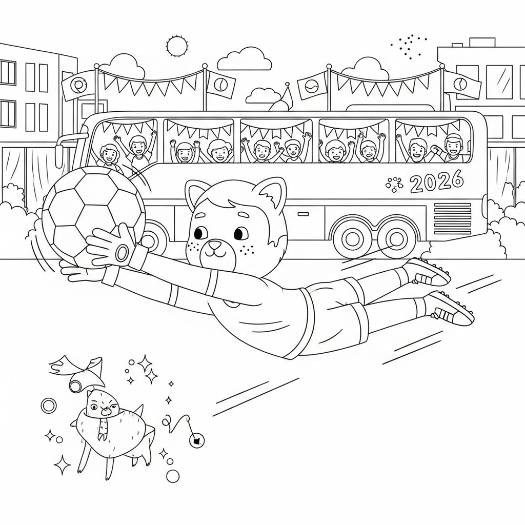 Desenho de bola de futebol para colorir defendendo com mergulho à direita diante de ônibus de torcida.