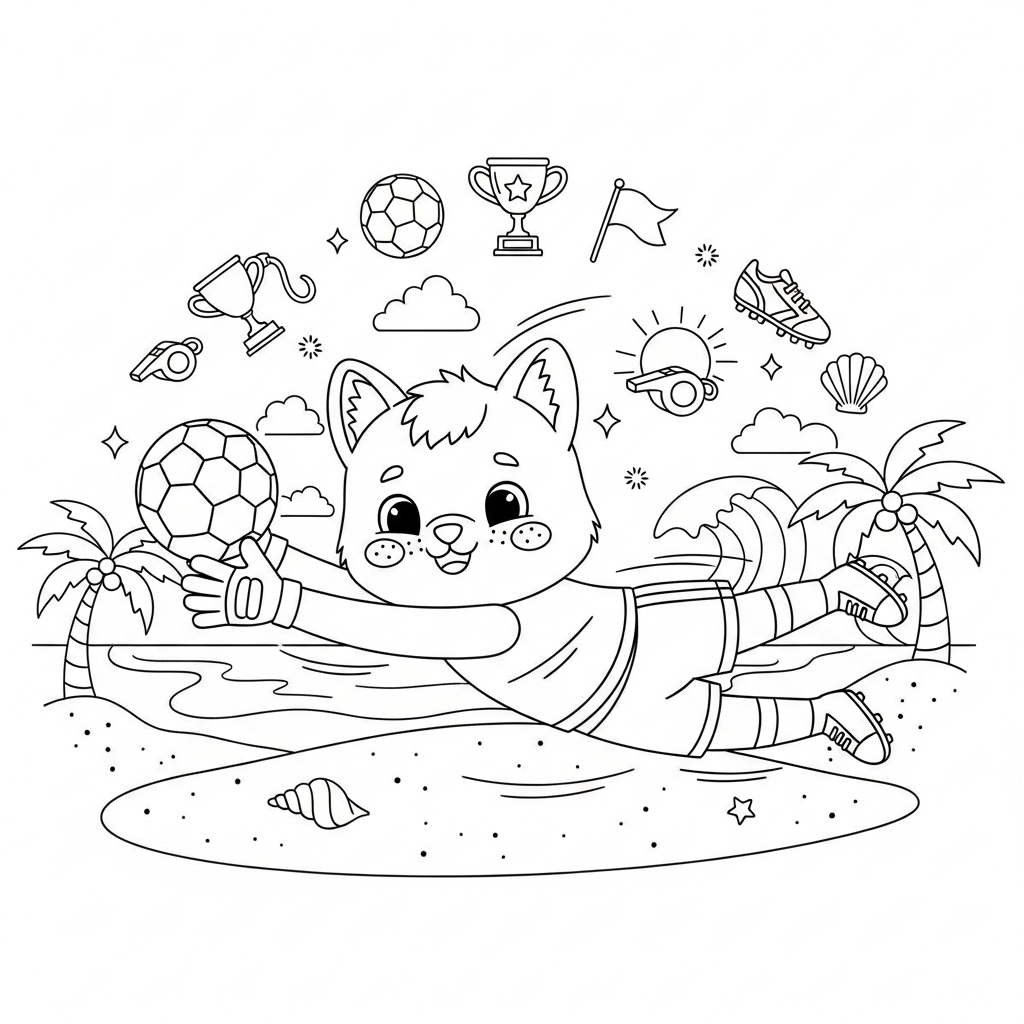 Desenho de bola de futebol para colorir defendendo com mergulho à esquerda na praia com palmeiras