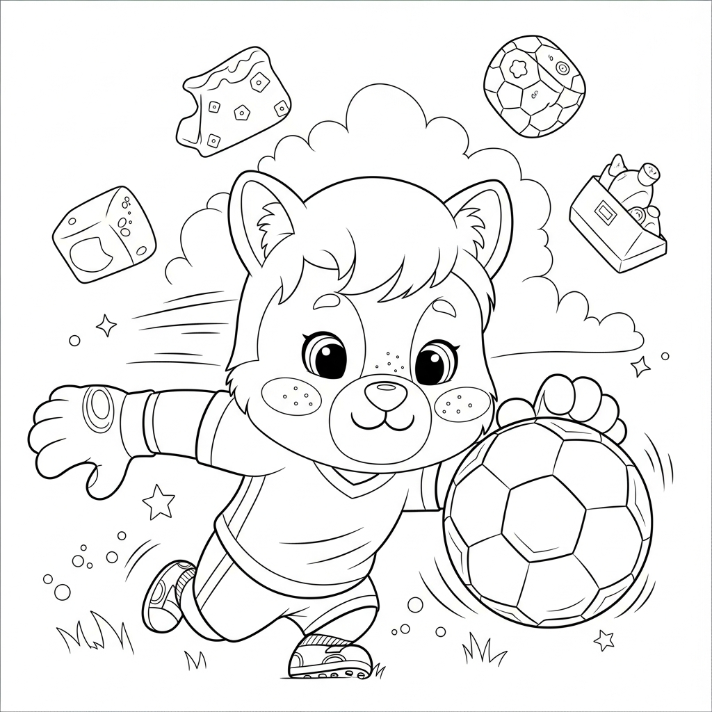 Desenho de bola de futebol para colorir saindo do gol em praça com telão gigante