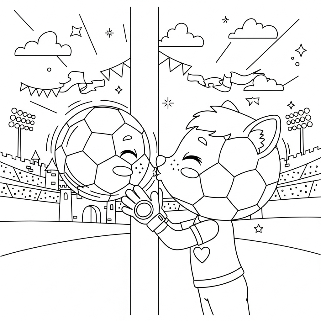 Desenho de bola de futebol para colorir beijando a trave diante de castelo encantado
