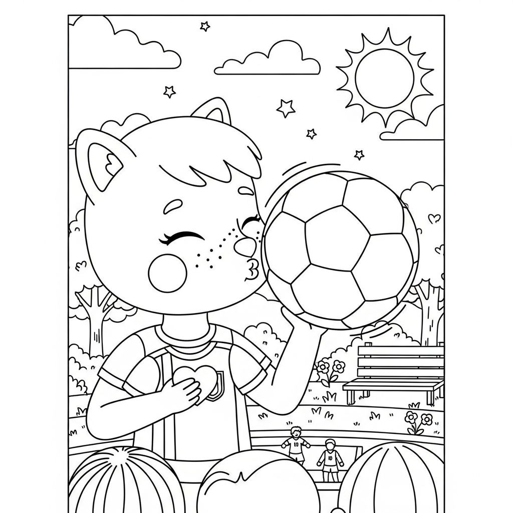Desenho de bola de futebol para colorir beijando a camisa em parque ensolarado com árvores