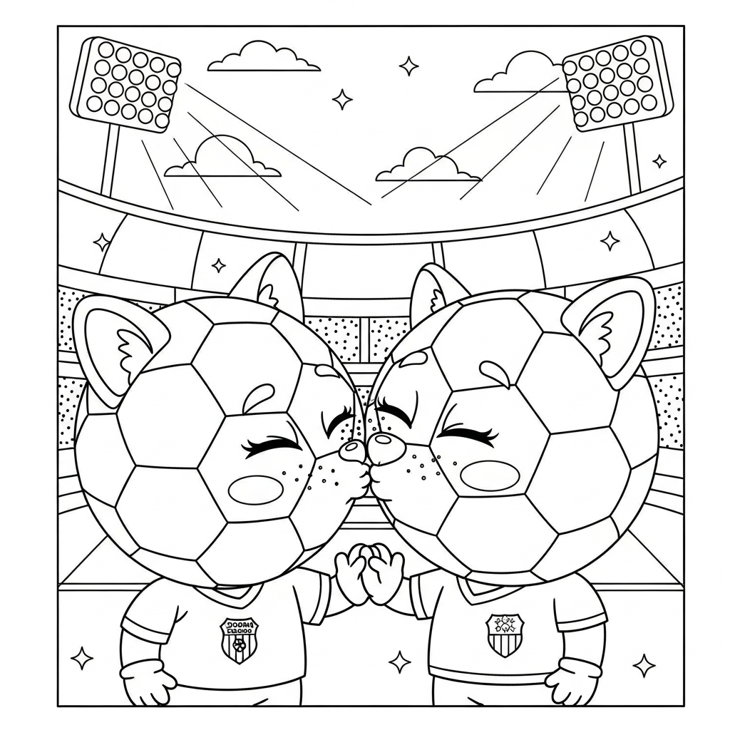 Desenho de bola de futebol para colorir beijando emblema no estádio à noite