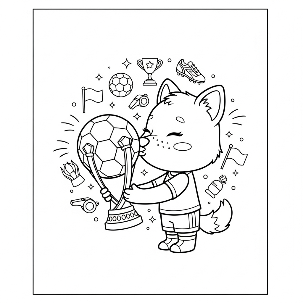 Desenho de bola de futebol para colorir beijando o troféu em praça com telão gigante