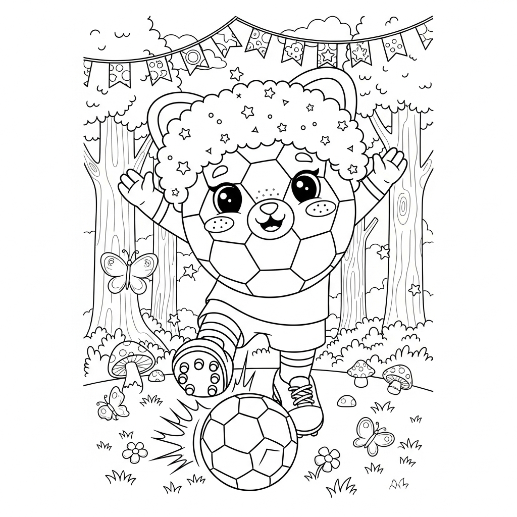 Desenho de bola de futebol para colorir com peruca colorida na floresta com cogumelos e borboletas.