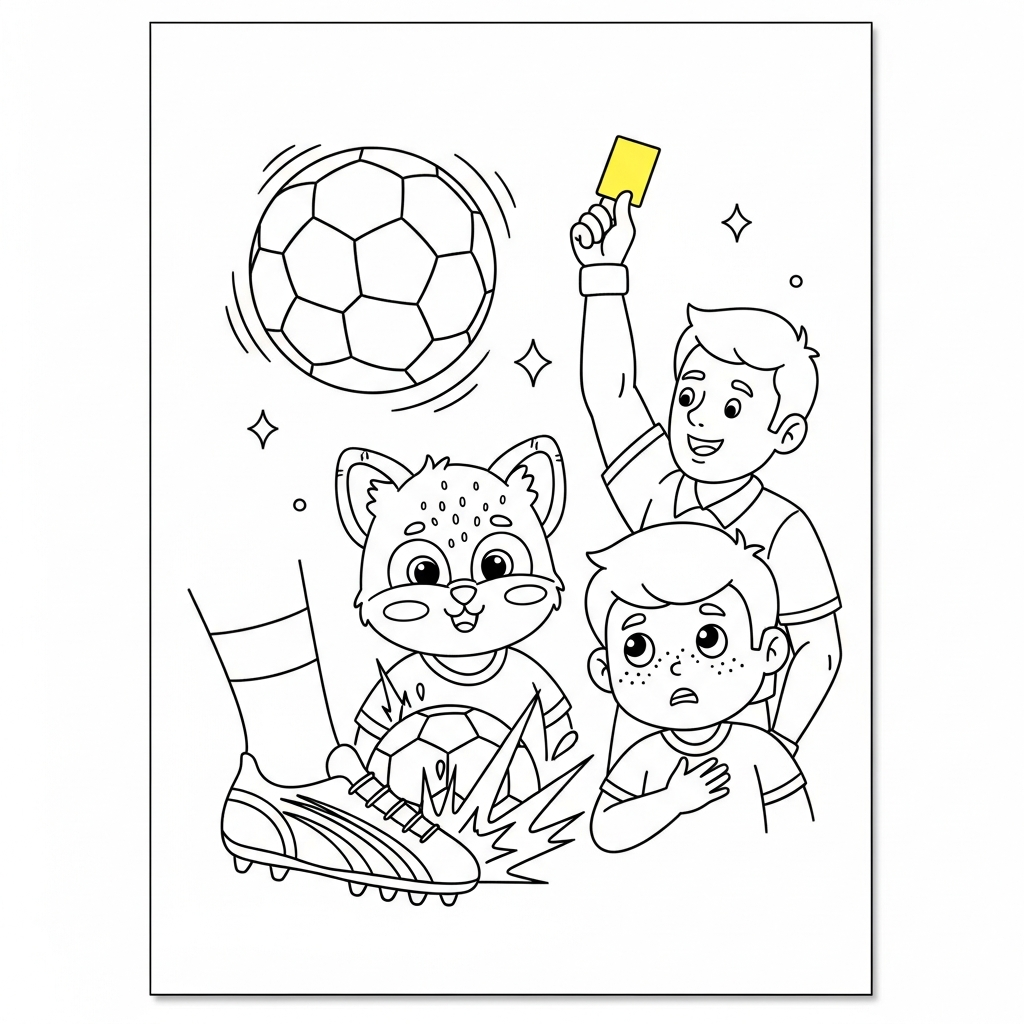 Desenho de bola de futebol para colorir recebendo cartão amarelo no banco coberto.