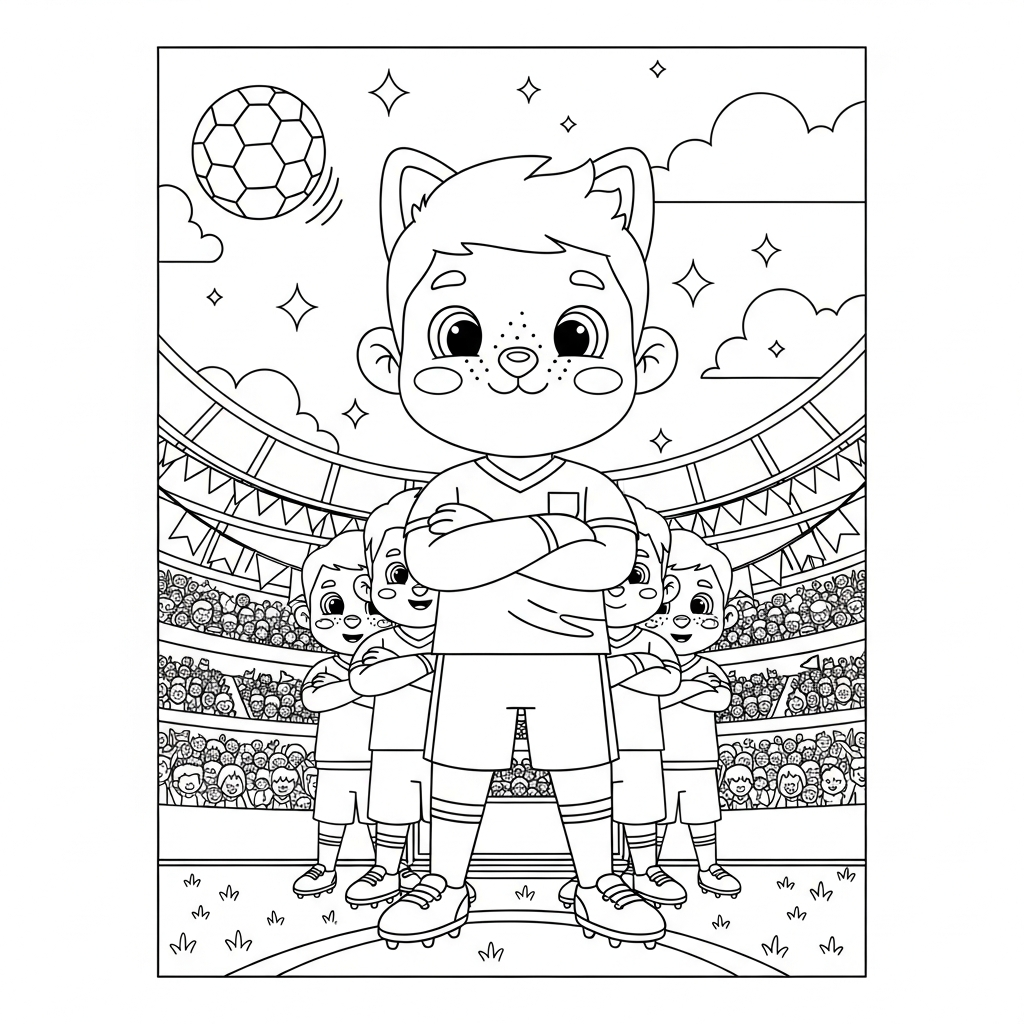 Desenho de bola de futebol para colorir em foto perfilada do time no estádio lotado