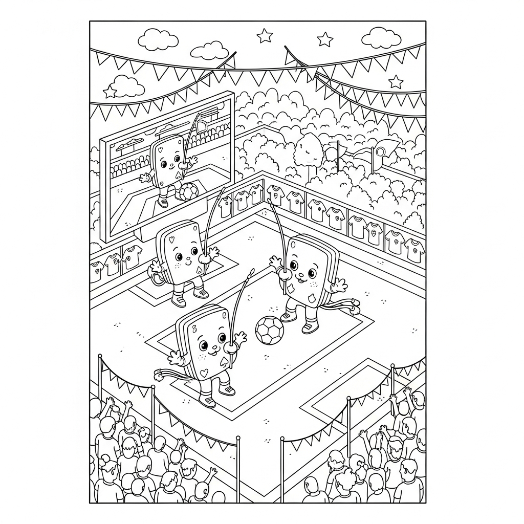 Desenho de cartões amarelo vermelho para colorir praticando capoeira em praça com telão gigante