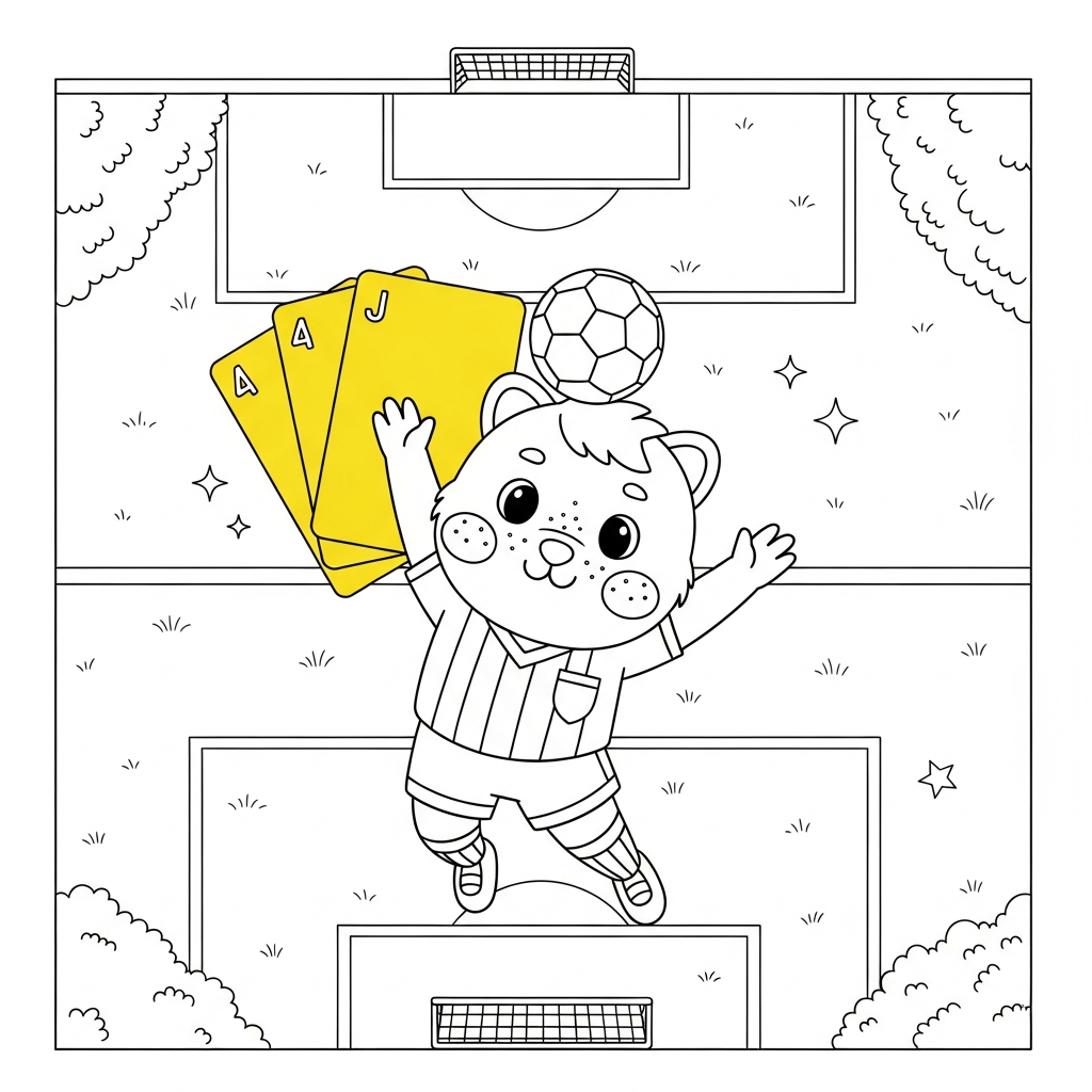 Desenho de cartões amarelo vermelho para colorir cabeceando pulando no campo de futebol com gols