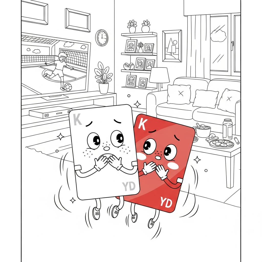 Desenho de cartões amarelo vermelho para colorir assistindo nervoso à TV na sala