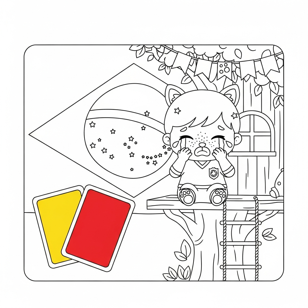 Desenho de cartões amarelo vermelho para colorir chorando na casa na árvore.