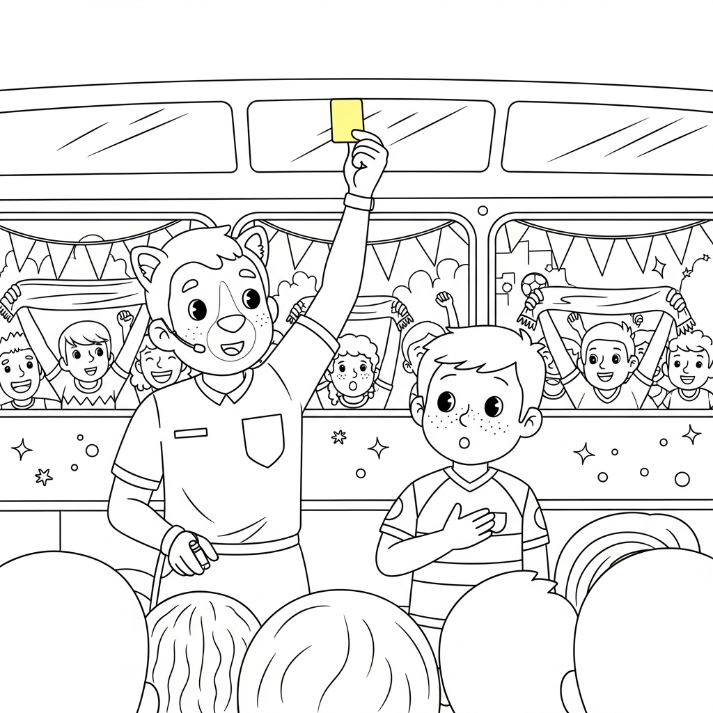 Desenho de cartões amarelo e vermelho para colorir recebendo cartão amarelo no ônibus de torcida