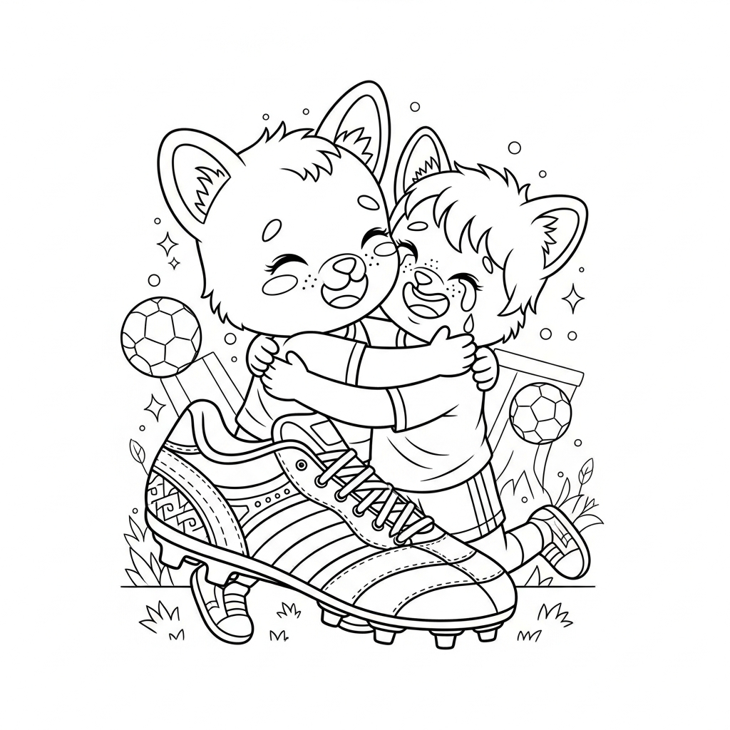 Desenho de chuteira para colorir abraçando após gol com bolas e estrelas decorativas