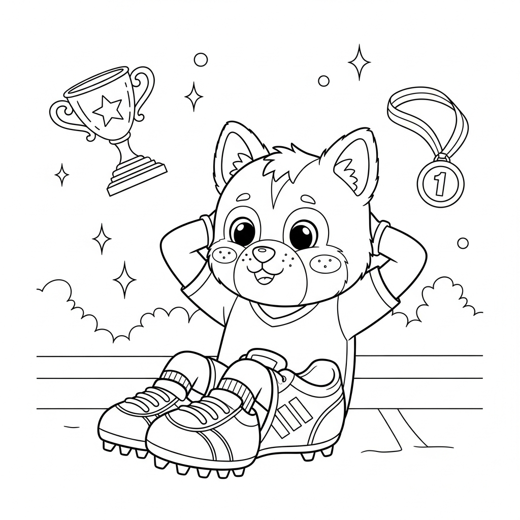 Desenho de chuteira para colorir fazendo abdominais no campo com troféu e medalha
