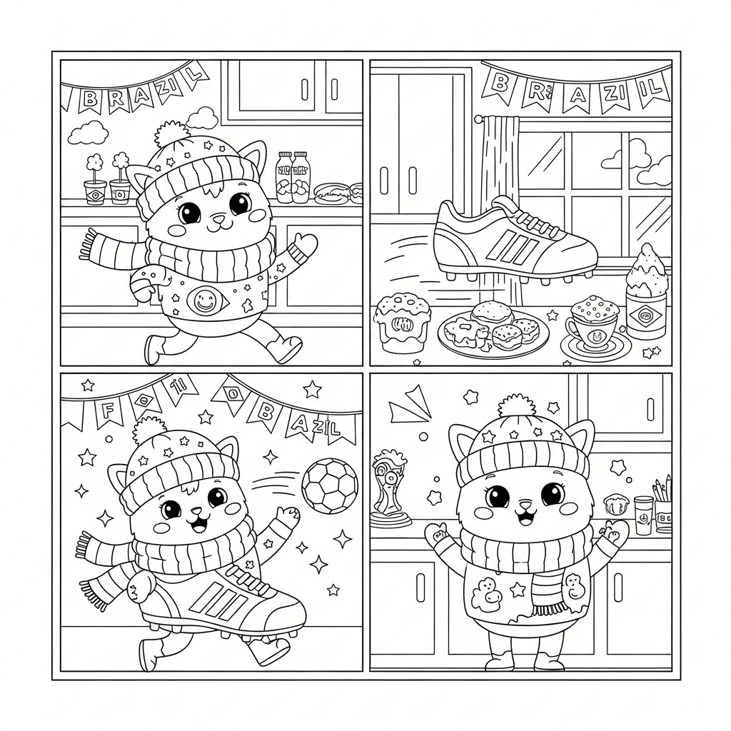 Desenho de chuteira para colorir agasalhado com cachecol e gorro na cozinha da Copa