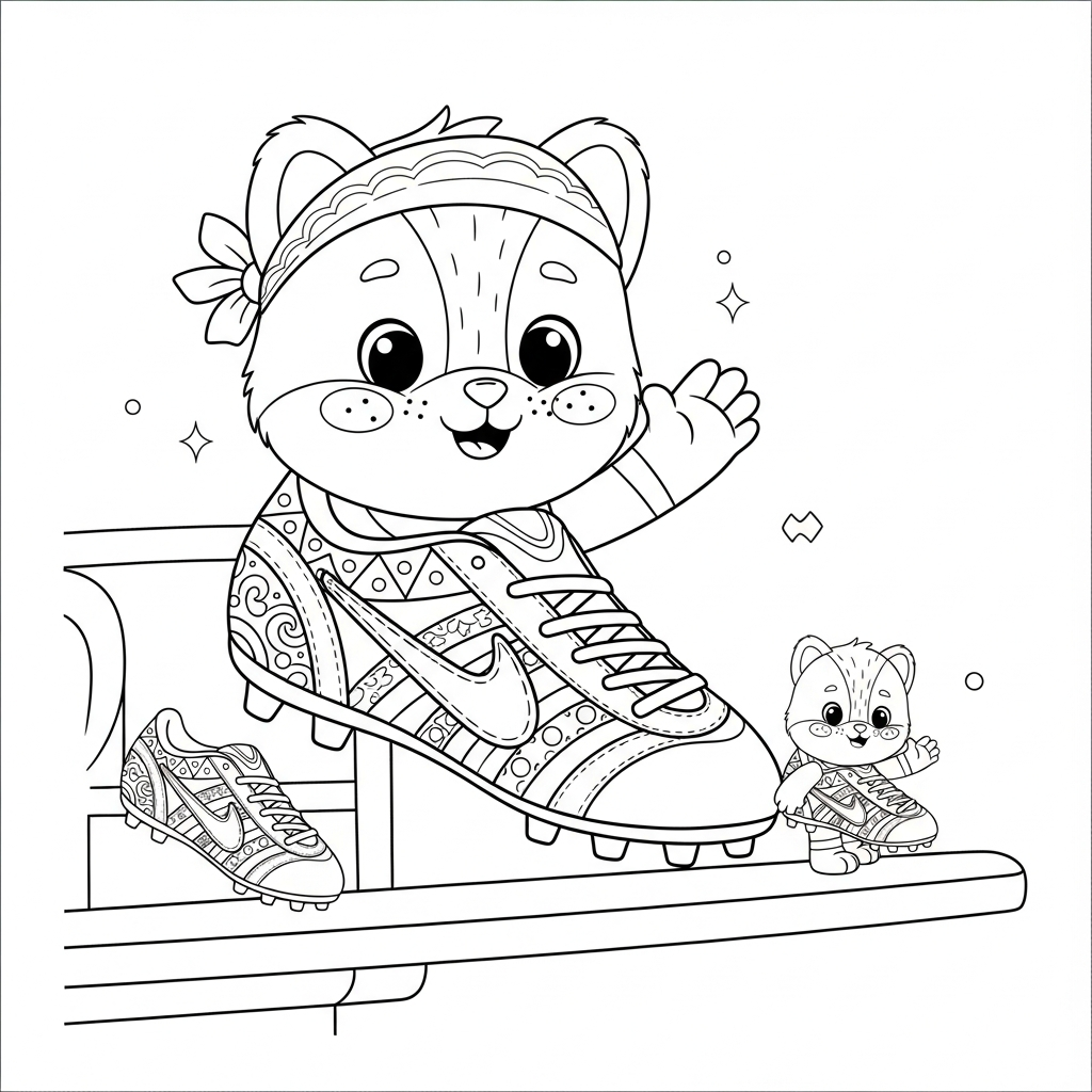 Desenho de chuteira para colorir acenando do trampolim no playground com escorregador.