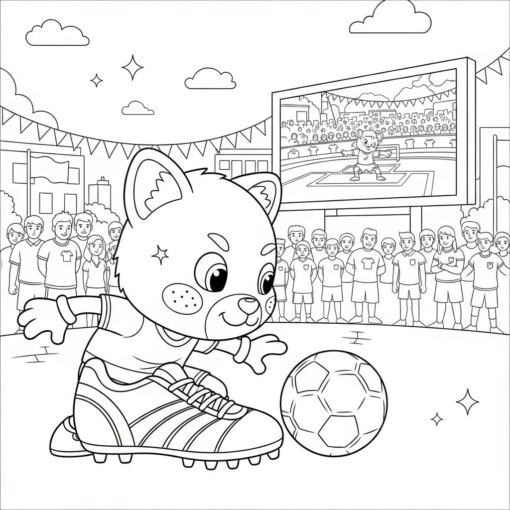 Desenho de chuteira para colorir marcando adversário em praça pública com telão gigante