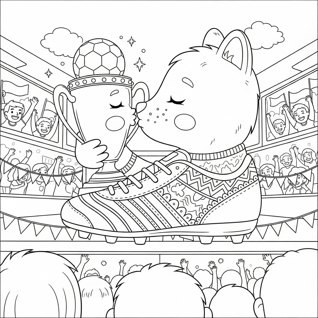 Desenho de chuteira para colorir beijando o troféu em ônibus de torcida com bandeirinhas.