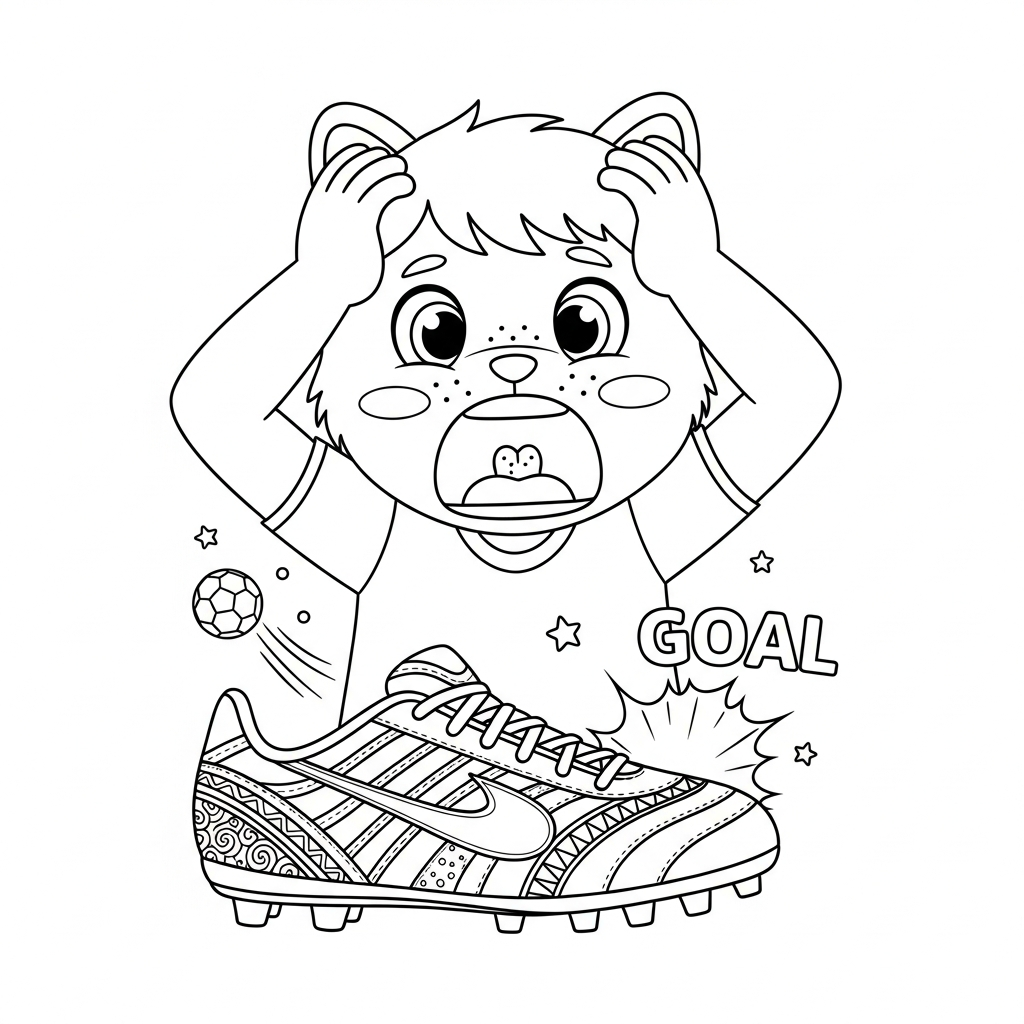 Desenho de chuteira para colorir gritando gol com mãos na cabeça no escanteio
