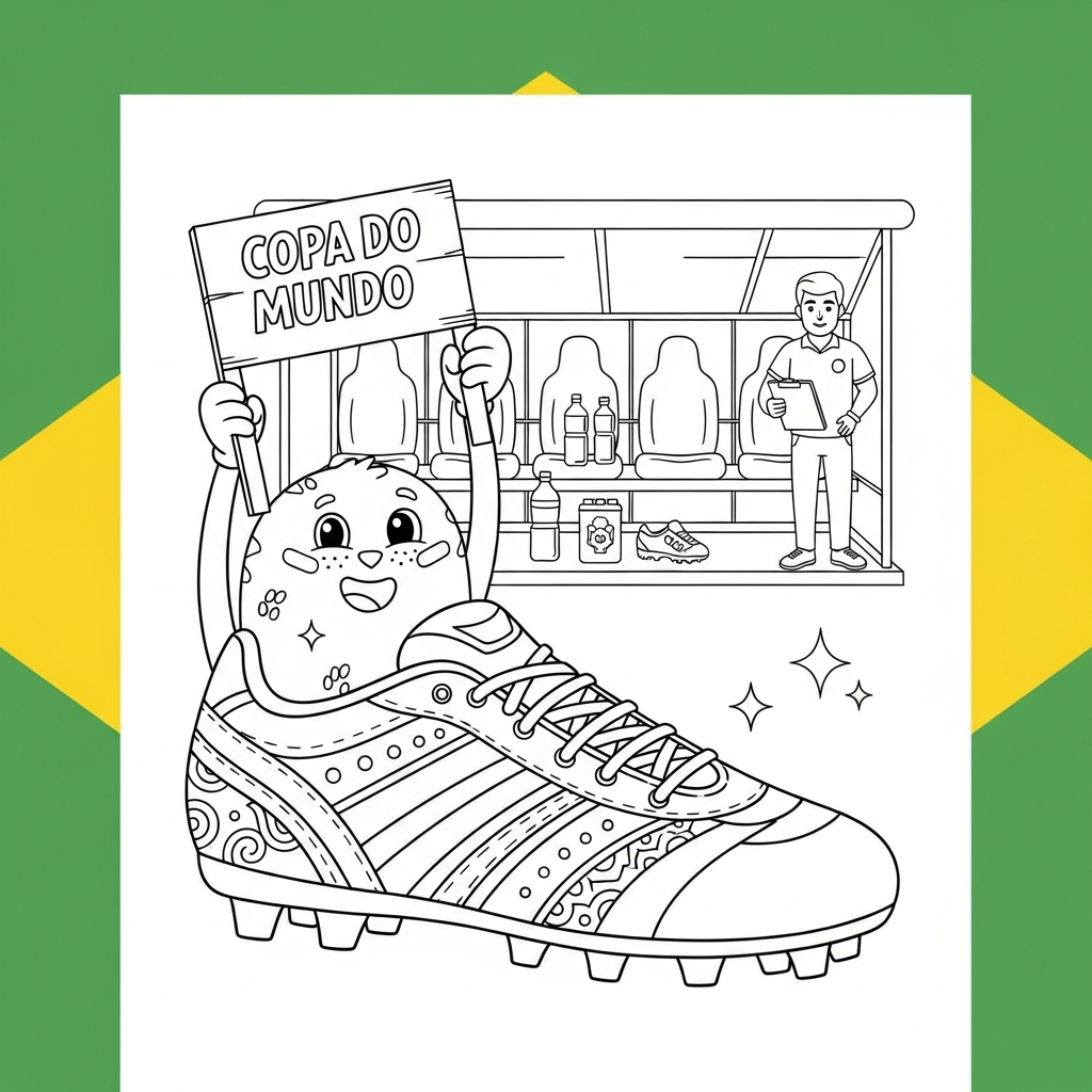 Desenho de chuteira para colorir segurando cartolina com mensagem no banco de reservas coberto
