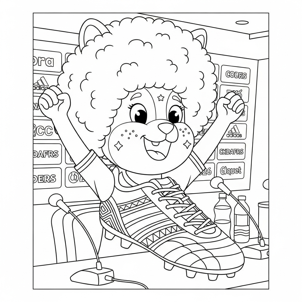 Desenho de chuteira para colorir com peruca colorida na sala de imprensa
