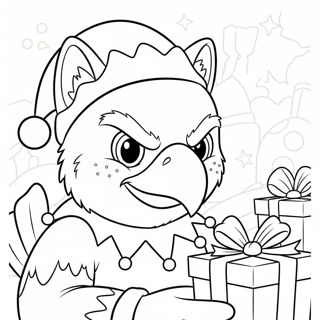 Desenho de clutch mascote copa 2026 para colorir vestido de duende entregando presente com bolas e estrelas