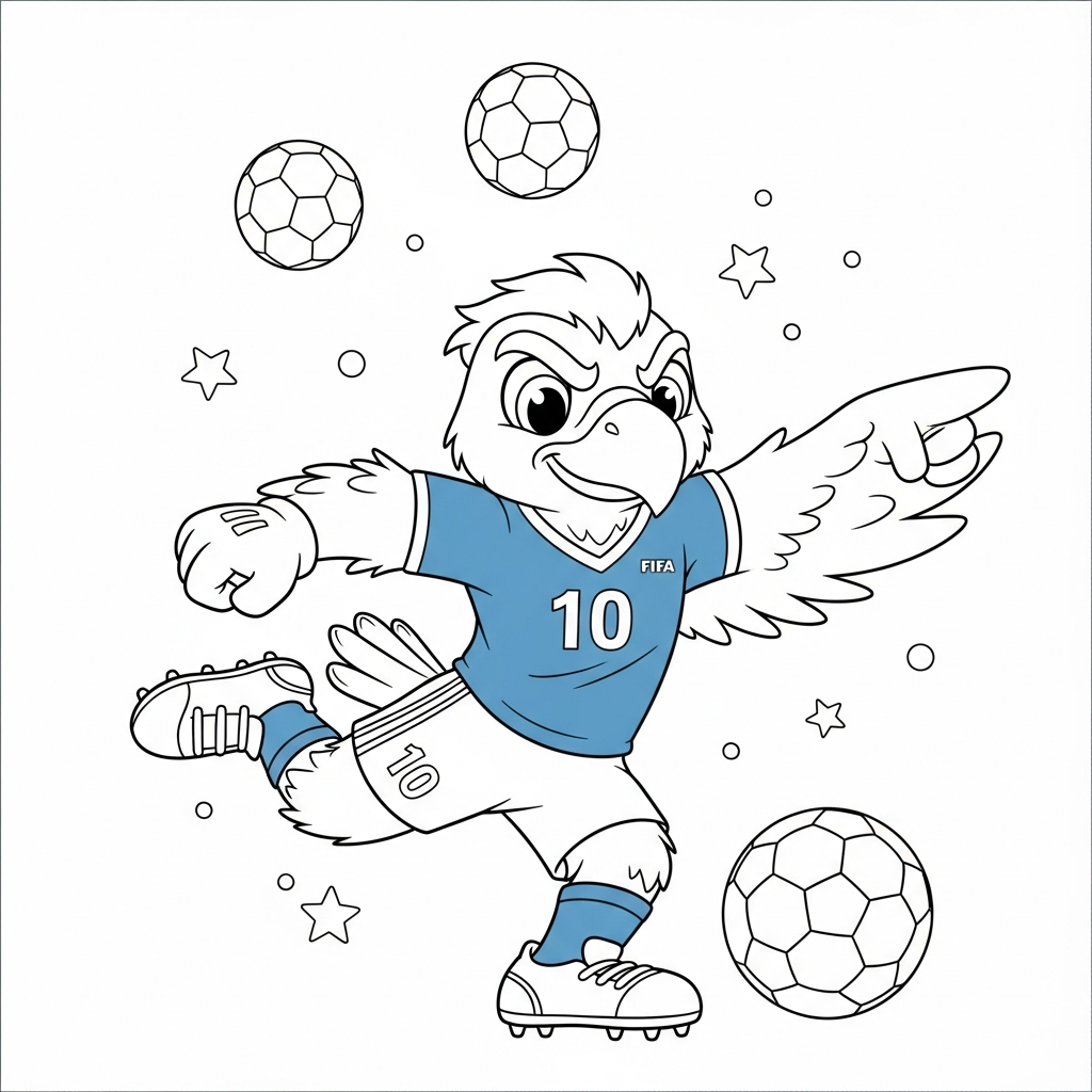 Desenho de Clutch mascote Copa 2026 para colorir chutando bola com força entre estrelas