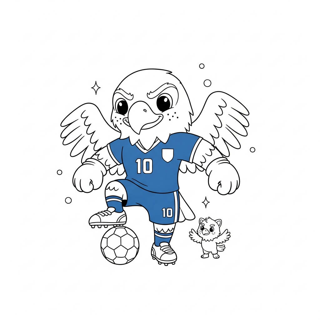 Desenho de Clutch mascote Copa 2026 para colorir pedalando sobre a bola com bandeirinhas