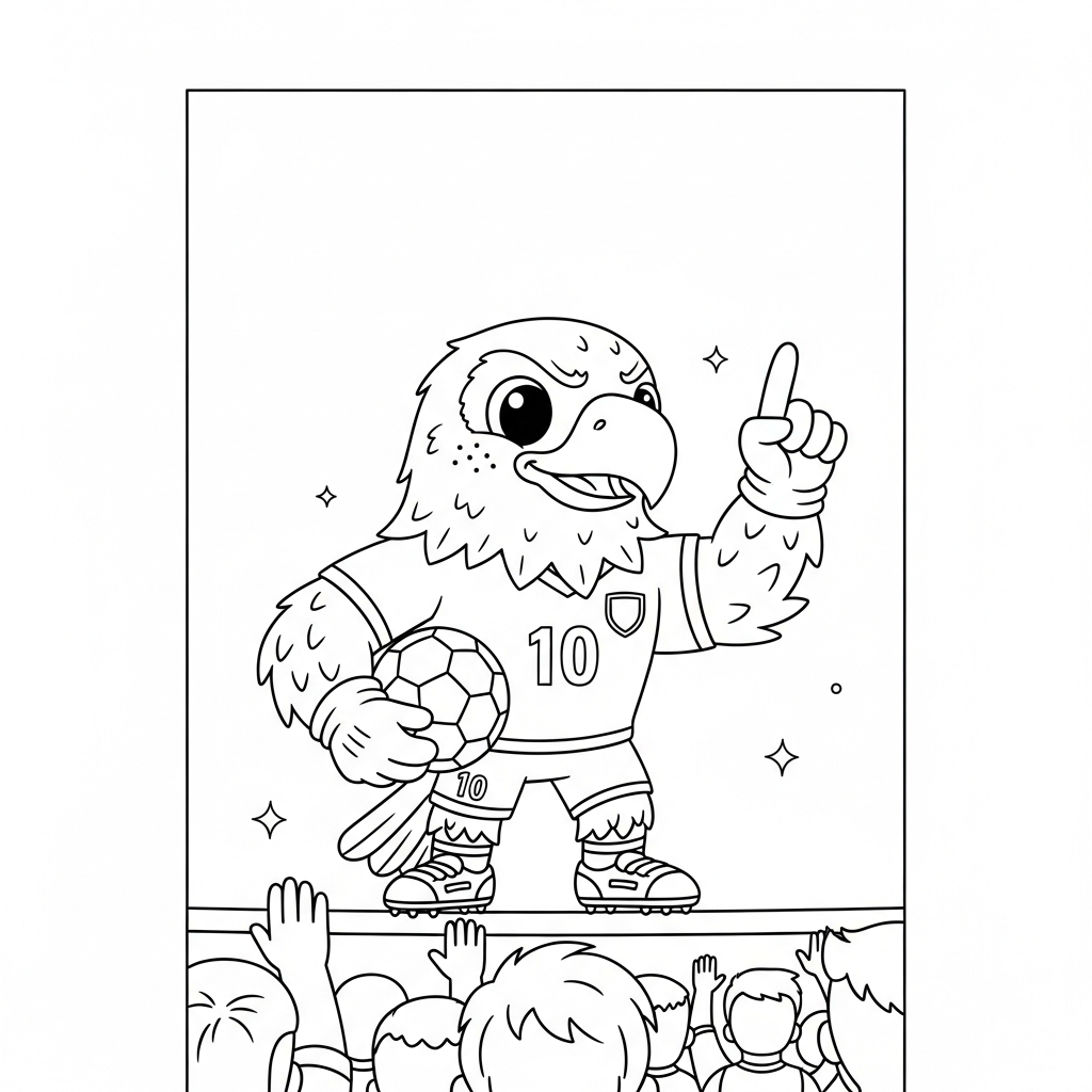 Desenho de Clutch mascote Copa 2026 para colorir apontando ao céu com troféu e medalha