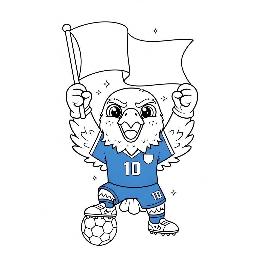 Desenho de Clutch mascote Copa 2026 para colorir torcendo com bandeira hasteada, estrelinhas e corações.