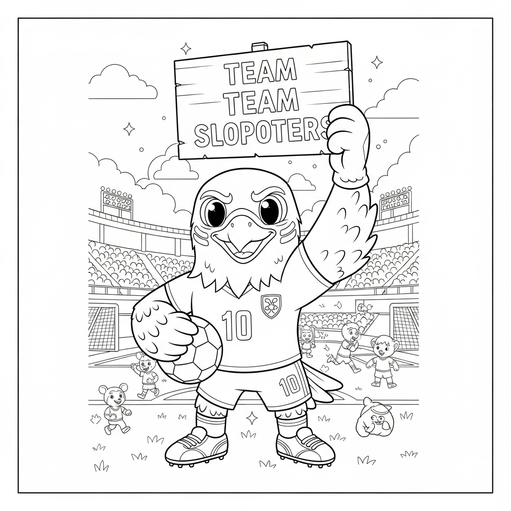 Desenho de Clutch mascote Copa 2026 para colorir segurando cartolina com mensagem e apito pequeno
