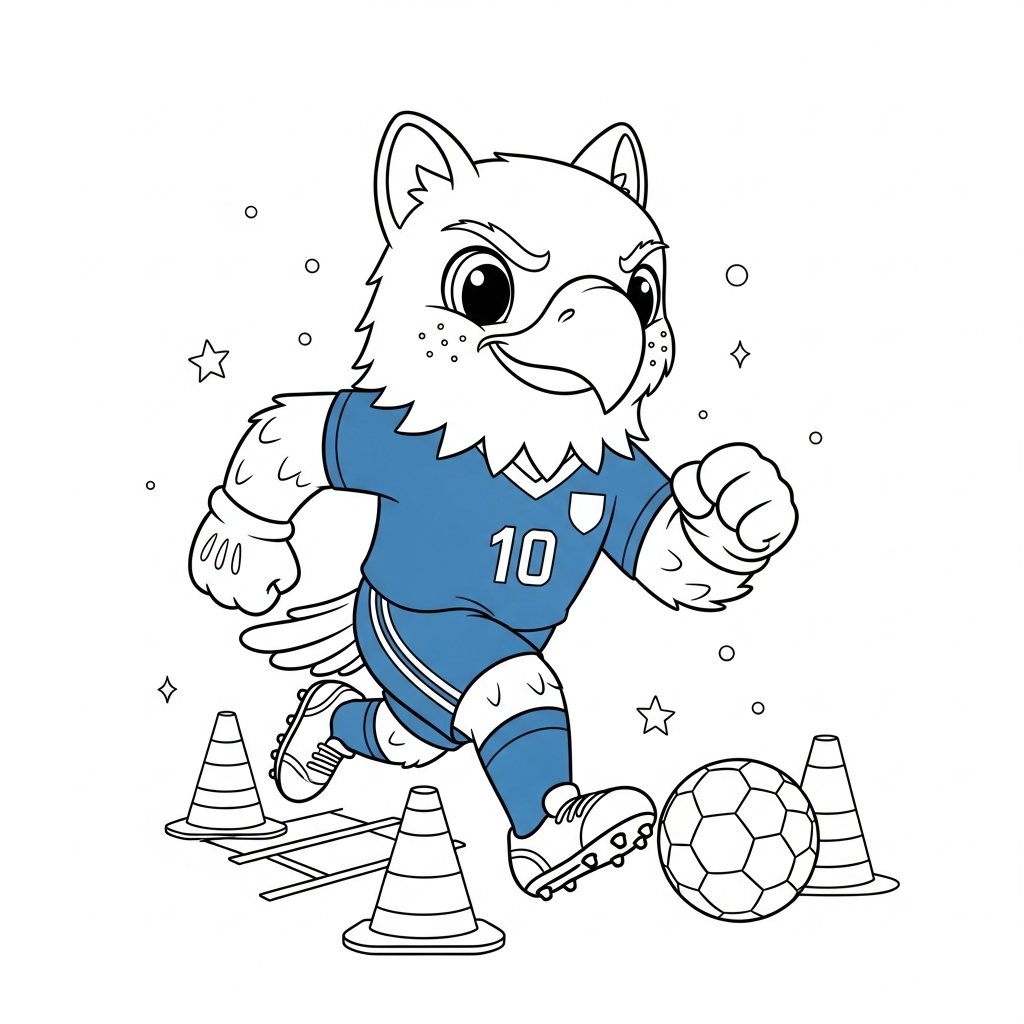 Desenho de Clutch Mascote Copa 2026 para colorir correndo em zigue-zague entre cones