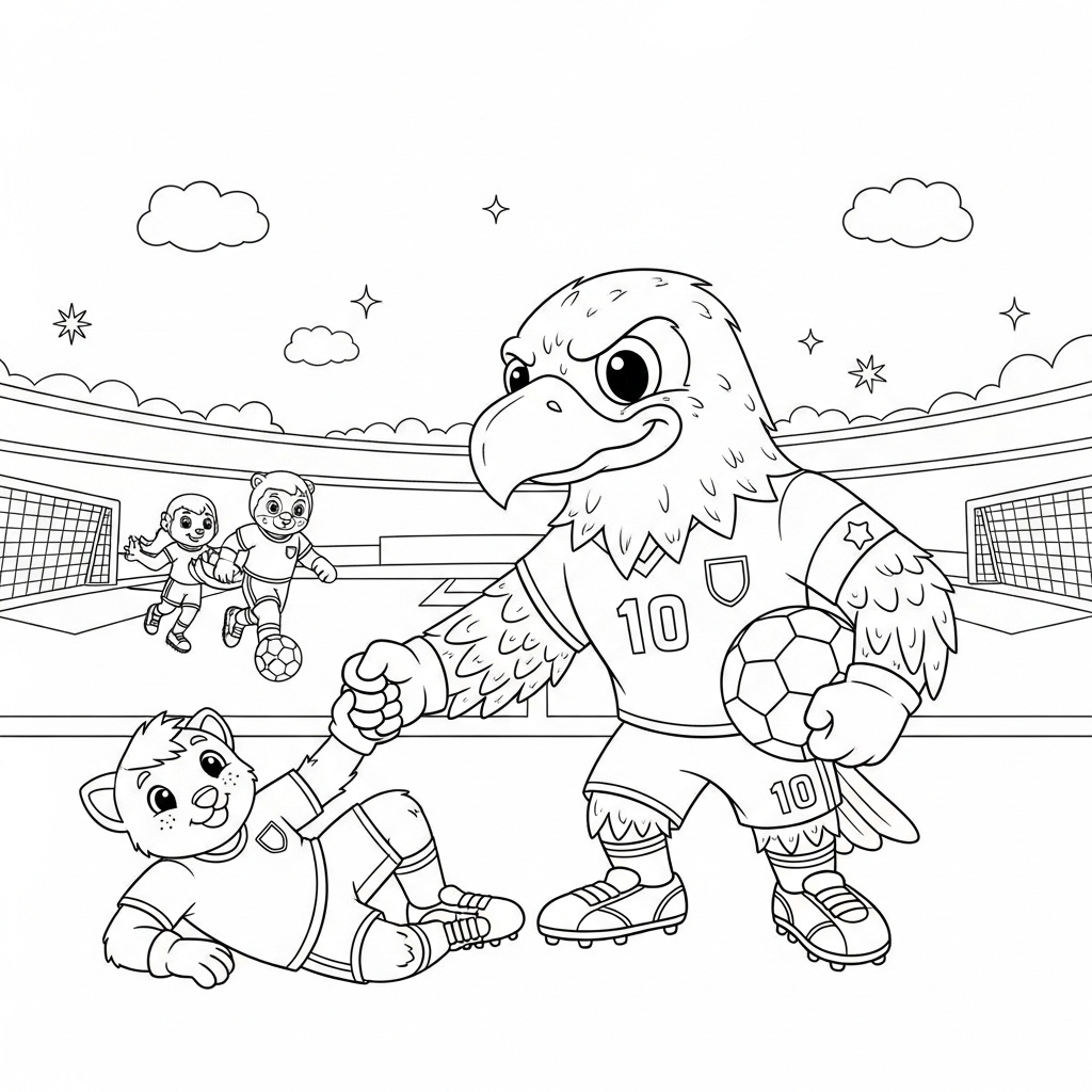 Desenho de Clutch mascote Copa 2026 para colorir ajudando adversário entre bolas e estrelas