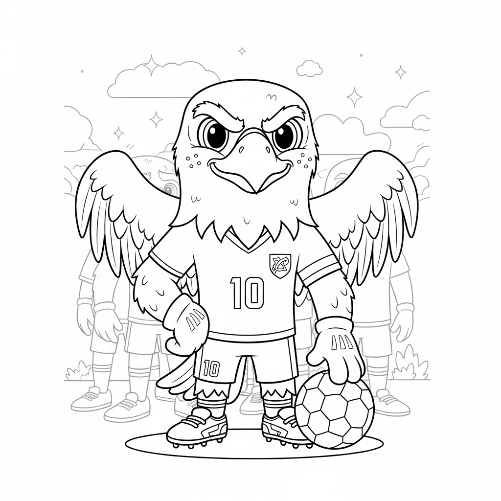 Desenho de Clutch mascote Copa 2026 para colorir em foto perfilada do time com bandeirinhas