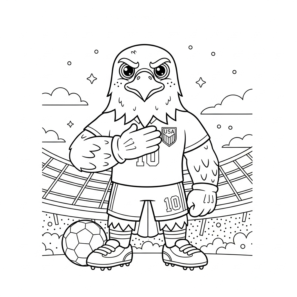 Desenho de Clutch mascote Copa 2026 para colorir com mão no peito, troféu e medalha.
