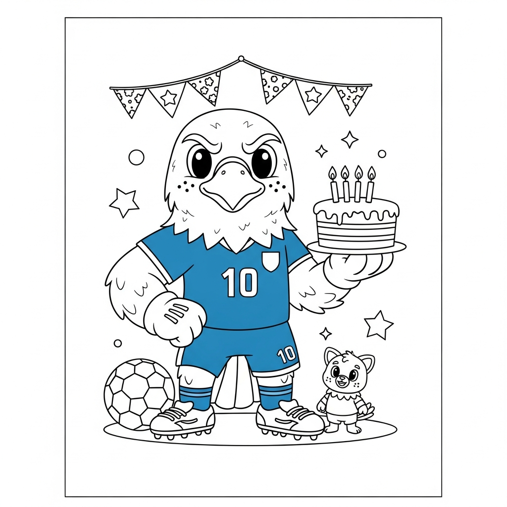 Desenho de clutch mascote copa 2026 para colorir segurando bolo com velas no estádio lotado