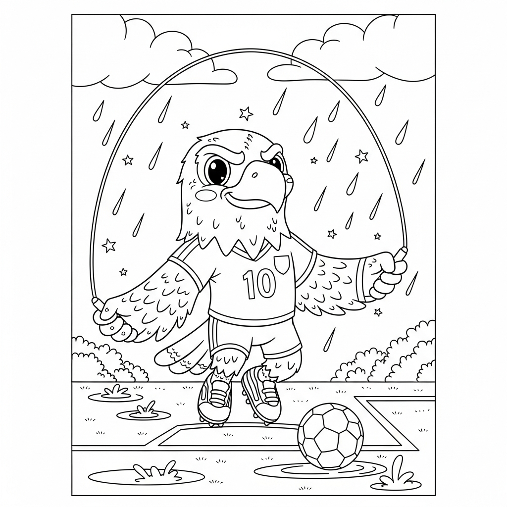 Desenho de Clutch mascote Copa 2026 para colorir pulando corda na chuva.