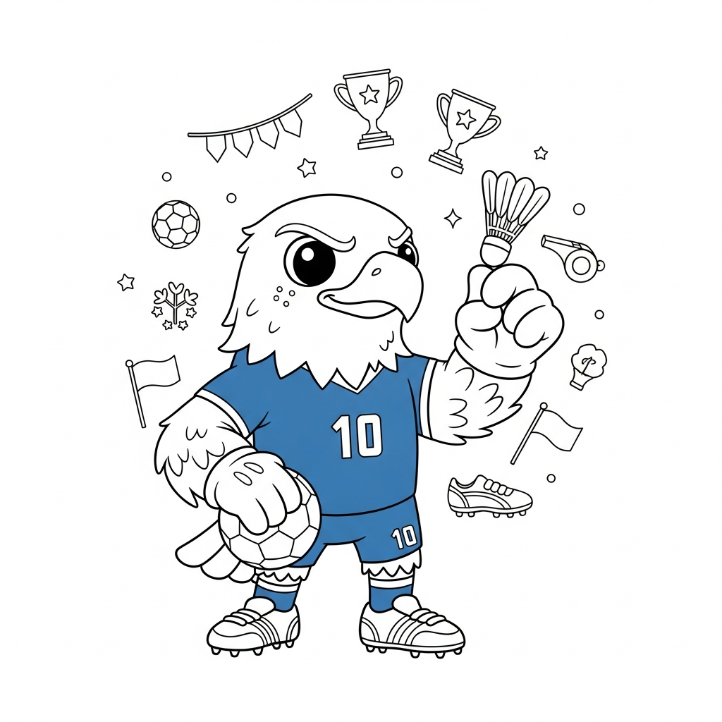 Desenho de Clutch mascote Copa 2026 para colorir arremessando peteca em quarto infantil