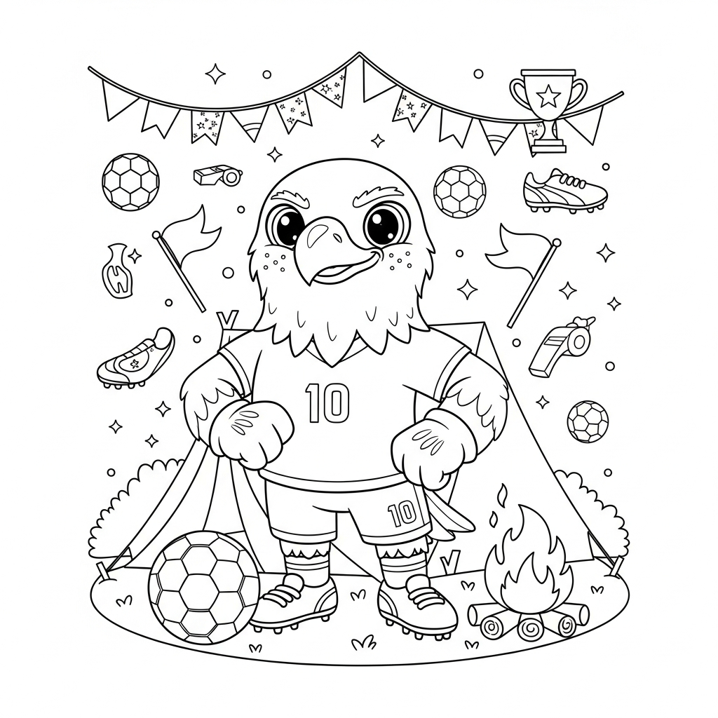 Desenho de clutch mascote copa 2026 para colorir acampando com barraca, fogueira e estádio noturno