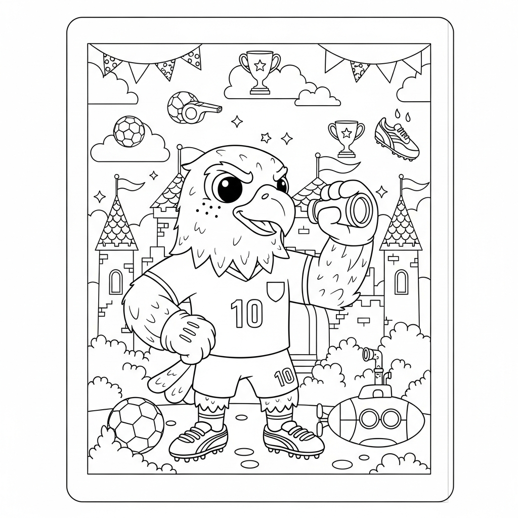 Desenho de Clutch mascote Copa 2026 para colorir dirigindo submarino no castelo encantado