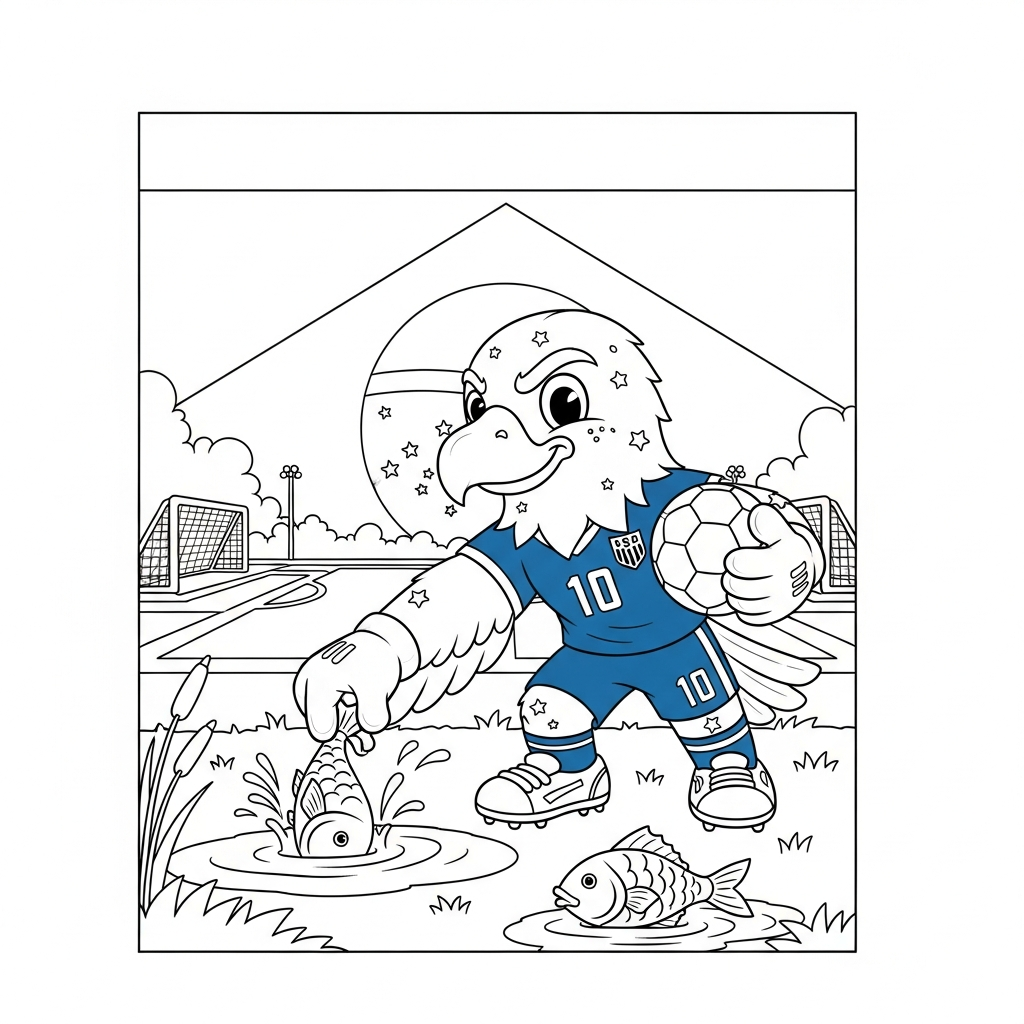 Desenho de Clutch mascote Copa 2026 para colorir alimentando peixinhos na lagoa do campo